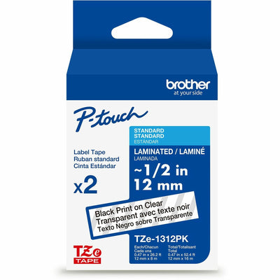 Brother Genuine P-touch TZe1312PK BK on CLR Label Tapes, Laminated, 12mmX8m each, Clear, 2 Pack — view 1
