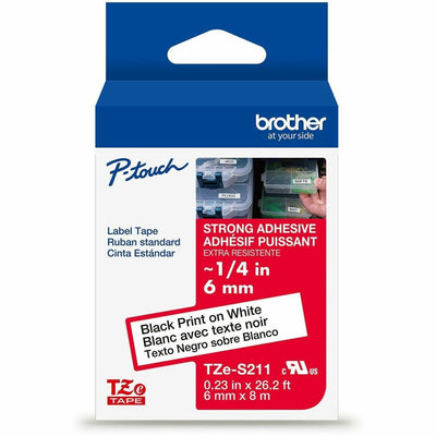 Brother Genuine P-touch TZeS211 BK on WHT Label Tape, Strong Adhesive Lam., 6mmX8m, White, 6EA/BX 4BX/CT — view 1