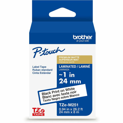 Brother Genuine P-touch TZeM251 BK on WHT Label Tape, Premium Matte Laminated, 24mmX8m, Matte White, 6EA/BX 4BX/CT — view 1