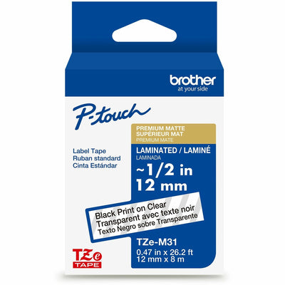 Brother Genuine P-touch TZeM31 BK on CLR Label Tape, Premium Matte Laminated, 12mmX8m, Matte Clear, BRTTZEM31G