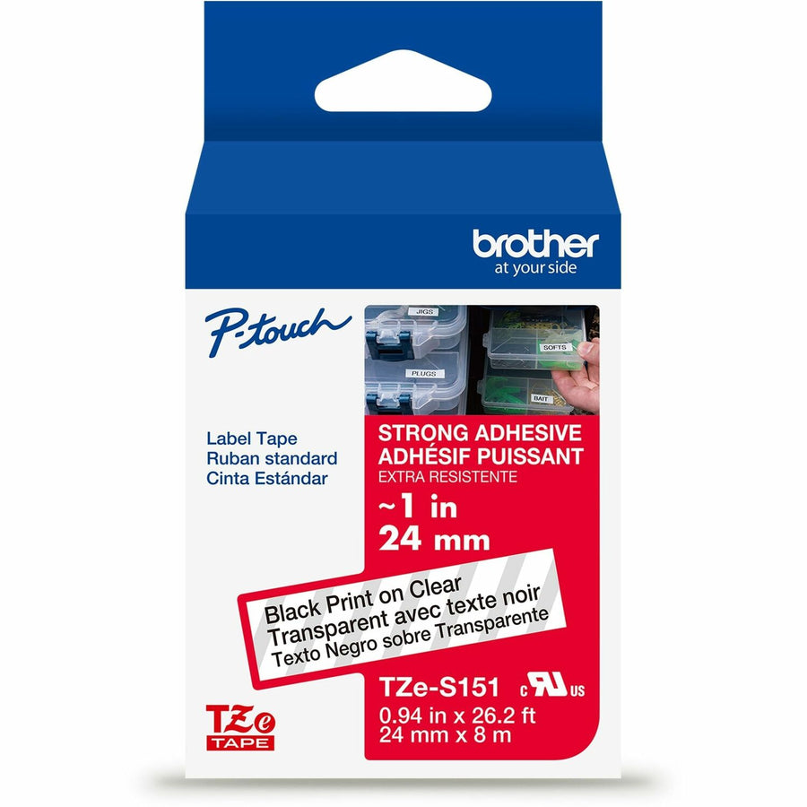 Brother Genuine P-touch TZeS151 BK on CLR Label Tape, Strong Adhesive Lam., 24mmX8m, Clear, 6EA/BX 4BX/CT — view 1