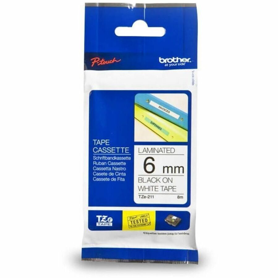 Brother Genuine P-touch TZe211 BK on WHT Label Tape, Laminated, 6mmX8m, White, 6EA/BX 4BX/CT — view 1