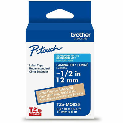 Brother Genuine P-touch TZeMQ835 WHT on SATIN GLD Label Tape, Laminated, 12mmX5m, Satin Gold, BRTTZEMQ835G