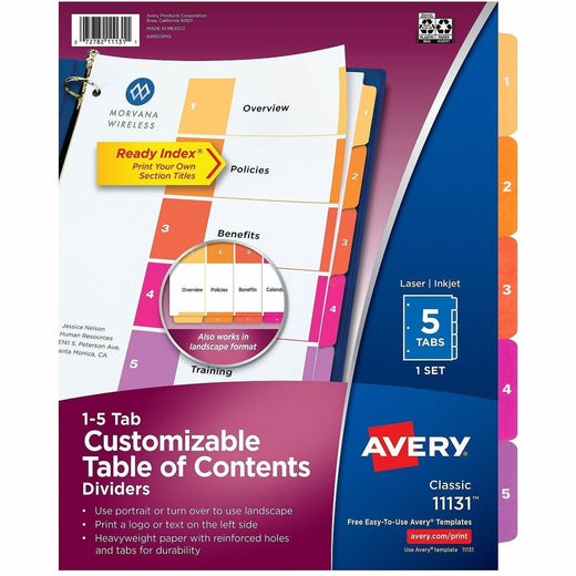 Avery Dividers, 5 Tabs, Ready Index, Multicolor Tabs (11131), 1 Set