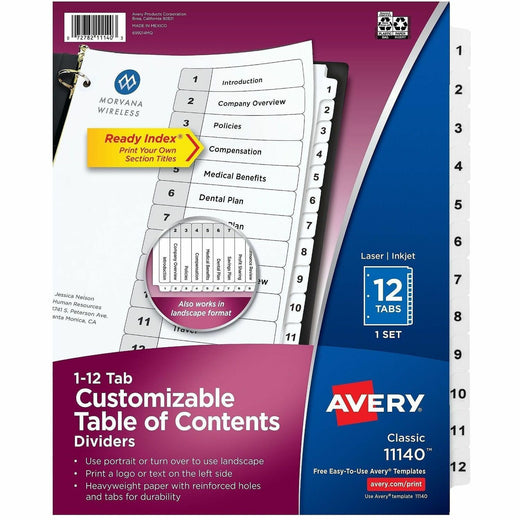 Avery Binder Dividers, 12 Tabs, Ready Index (11140), 1 Set
