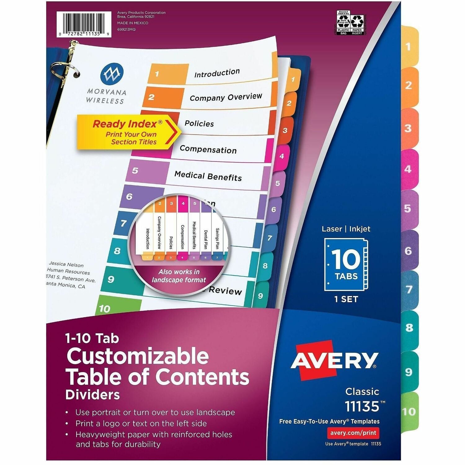 Avery Dividers, 10 Tabs, Ready Index, Multicolor Tabs (11135), 1 Set