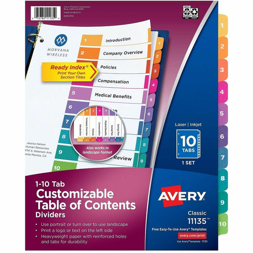 Avery Dividers, 10 Tabs, Ready Index, Multicolor Tabs (11135), 1 Set