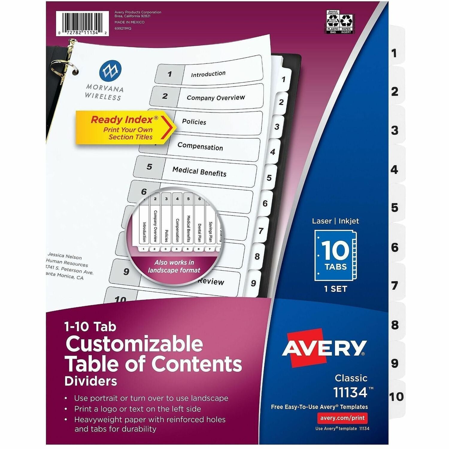Avery Ready Index® Table of Content Dividers for Laser and Inkjet Printers, 10 tabs, 1 Set