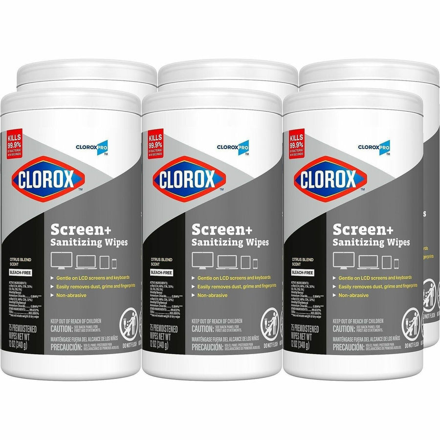 Clorox Screen + Sanitizing Wipes, White, Abrasion-free, 6 / Carton, CLO60724CT