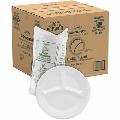 Dart Container Concorde 9" Nonlaminated Foam 3-Compartment Plates, White, 4 / Carton, DCC9CPWCR