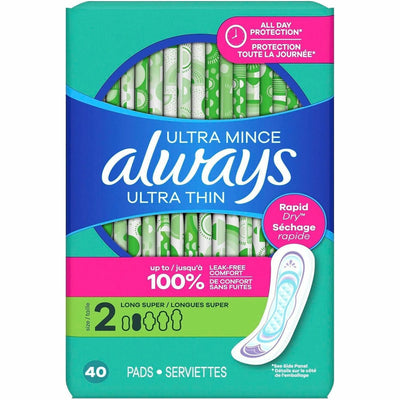 Procter & Gamble Always Ultra Thin Size 2 Long Super Pads With Wings, Unscented, Green, 40 / Pack, PGC12853