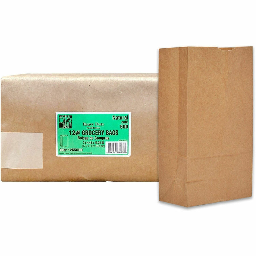 AJM Packaging #12 Squat Heavy-Duty Kraft Paper Grocery Bags, Natural Kraft, 500 / Carton — view 1