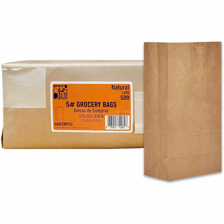 AJM Packaging #5 Squat Kraft Paper Grocery Bags, Natural Kraft, 500 / Carton — view 1