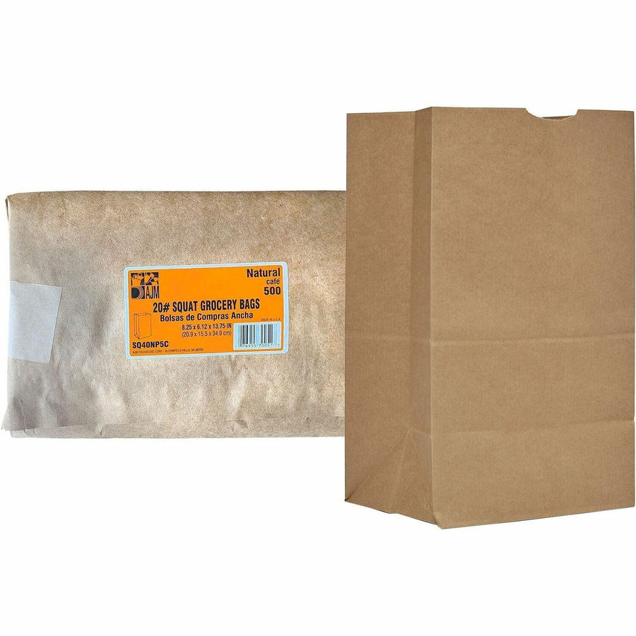 AJM Packaging #20 Squat Kraft Paper Grocery Bags, Natural Kraft, 500 / Carton — view 1