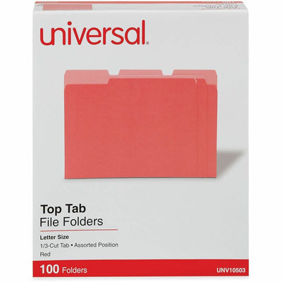 Universal Deluxe 1/3 Tab Cut Letter Recycled Top Tab File Folder, Light Red, 8 1/2" Width x 11" Length, 100 / Box, UNV10503