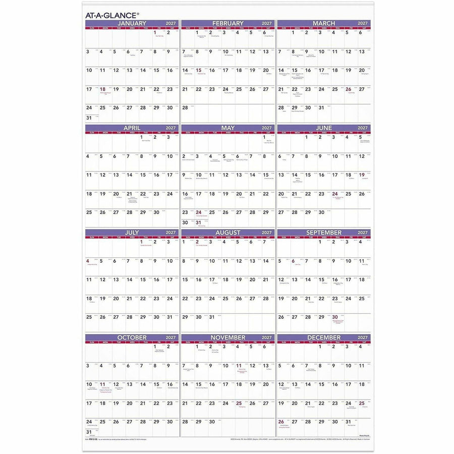 At-A-Glance Recycled Yearly Wall Calendar 24" x 36" English, 12 Month, January 2026 - December 2026, Extra Large, White, Blue, Paper, AAGPM1228