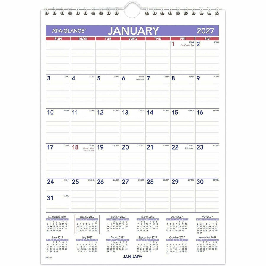 At-A-Glance Wall Calendar, 12 Month, Monthly, January 2026 - December 2026, 8" x 11", Small, White, Blue, Paper, Wire Bound, AAGPM128