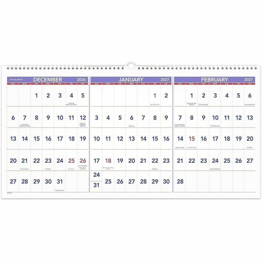 At-A-Glance 3-Month Horizontal Wall Calendar, 15 Month, Monthly, 12" x 24", Large, White, Blue, Paper, Wire Bound, Sturdy, AAGPM1428