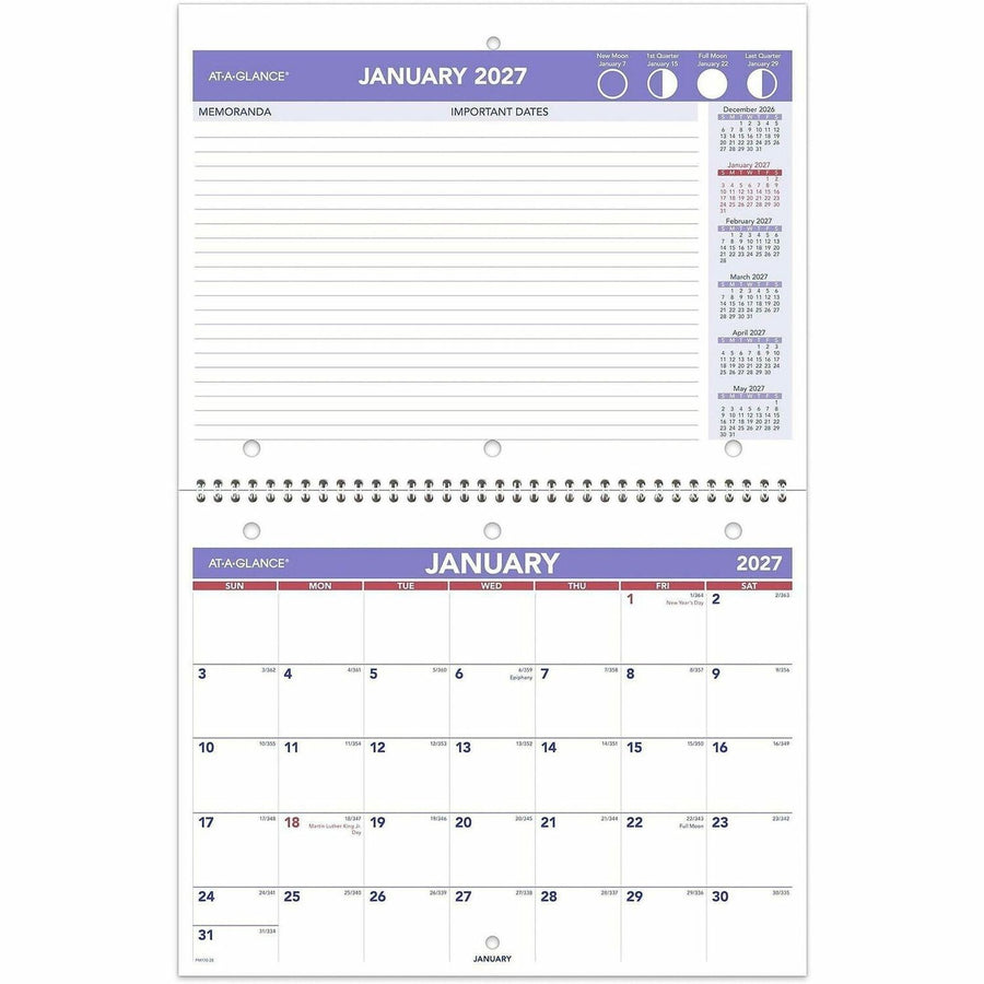 At-A-Glance Desk Wall Calendar, 12 Month, Monthly, January 2026 - December 2026, 11" x 8.5", Small, White, Blue, Paper, Wire Bound, AAGPM17028