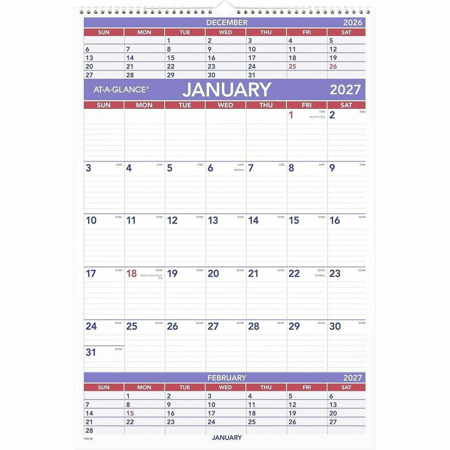 At-A-Glance 3-Month Wall Calendar, 12 Month, Monthly, January 2026 - December 2026, 15.5" x 22.75", Large, White, Blue, Paper, Wire Bound, AAGPM628