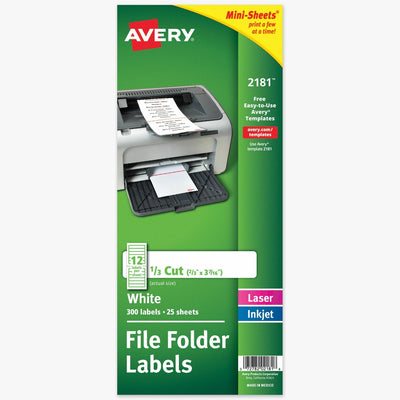 Avery Mini-Sheets File Folder Labels, 2/3" x 3-7/16", 300ct (2181), White, 300 / Pack, AVE2181