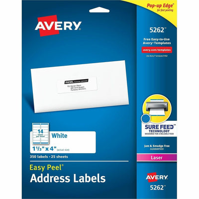 Avery Easy Peel Address Labels, 1-1/3" x 4", 350 Labels (5262), White, 350 / Pack, AVE5262