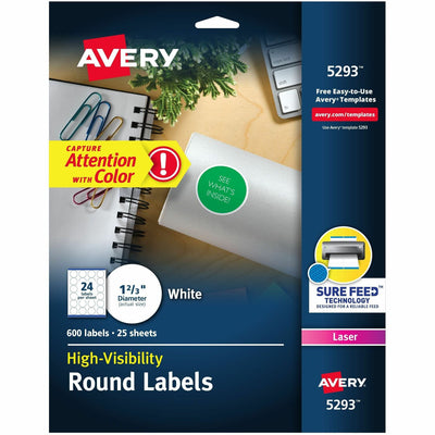 Avery Round High Visibility Labels, White, 600 / Pack, AVE5293