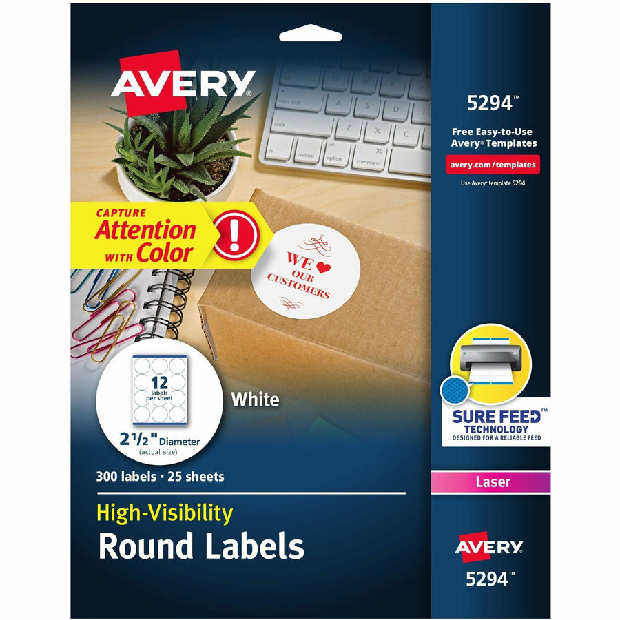 Avery Round High Visibility Labels, White, 300 / Pack — view 1