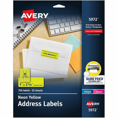 Avery Address Label, Neon Yellow, 5 Pack, AVE5972