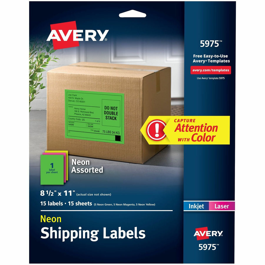 Avery Assorted Neon Shipping Labels, 8-1/2" x 11", 15 Labels ), Neon Yellow, 5 Pack — view 1