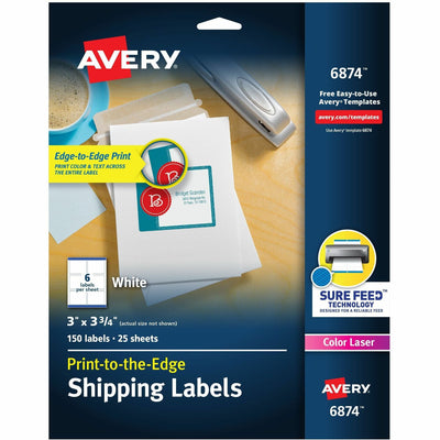 Avery Shipping Labels, Sure Feed, 3" x 3-3/4", 150 Labels (6874), White, 1 Pack, AVE6874