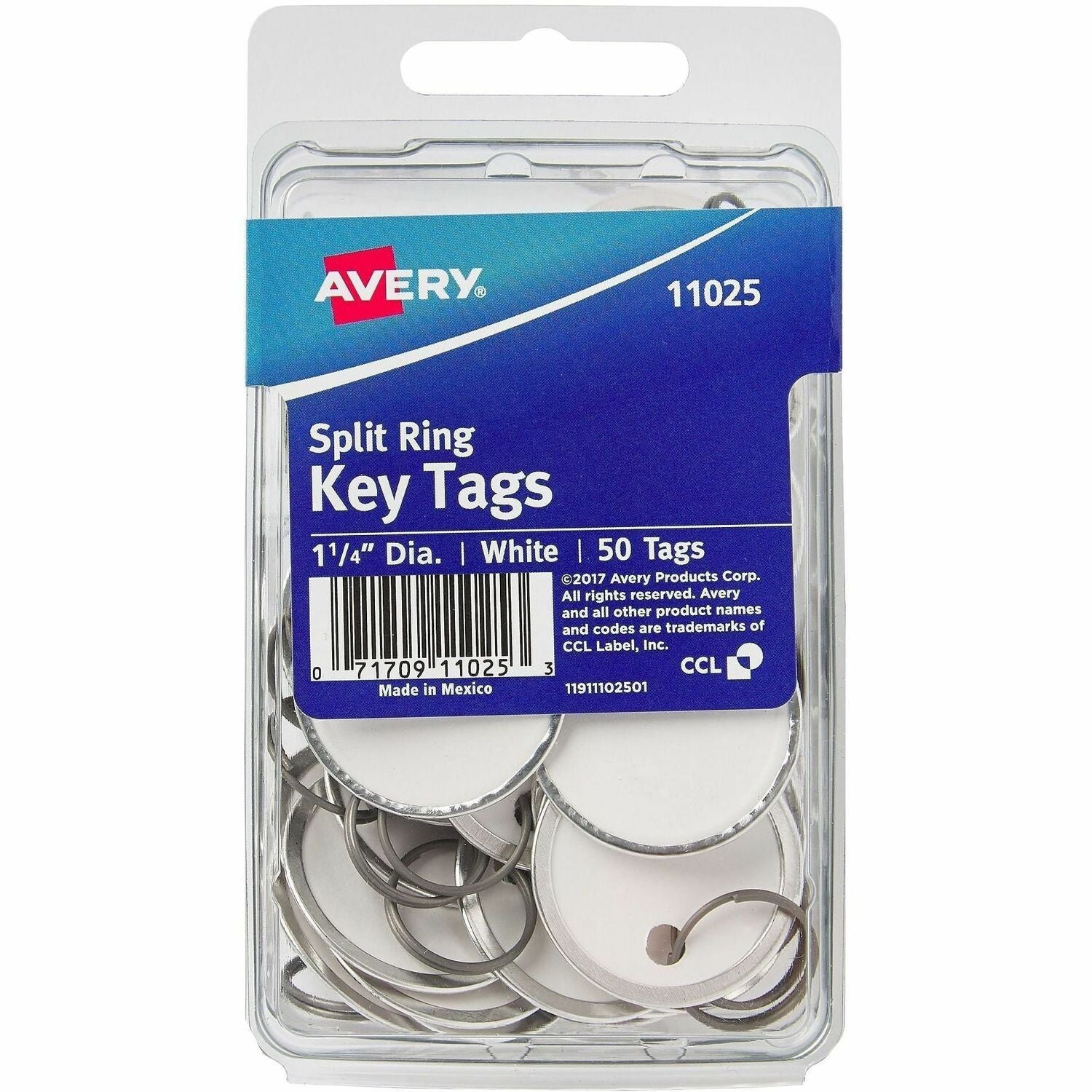 Avery® 1-1/4" Metal Rim Key Tags, Split Ring, White, 50 Tags (11025), 1 Pack