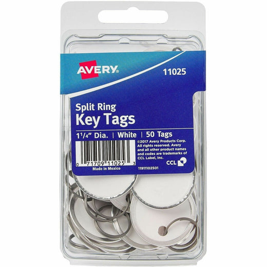 Avery® 1-1/4" Metal Rim Key Tags, Split Ring, White, 50 Tags (11025), 1 Pack