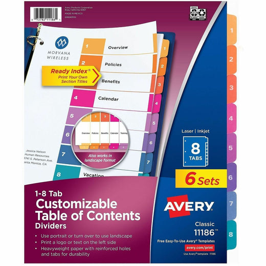 Avery Ready Index 8 Tab Dividers, Customizable TOC, 6 Sets (11186), 1 Pack