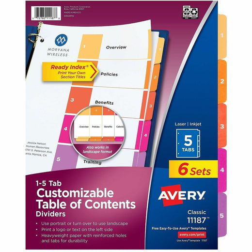 Avery Ready Index 5 Tab Dividers, Customizable TOC, 6 Sets (11187), 1 Pack