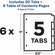 Avery Ready Index 5 Tab Dividers, Customizable TOC, 6 Sets (11187), 1 Pack