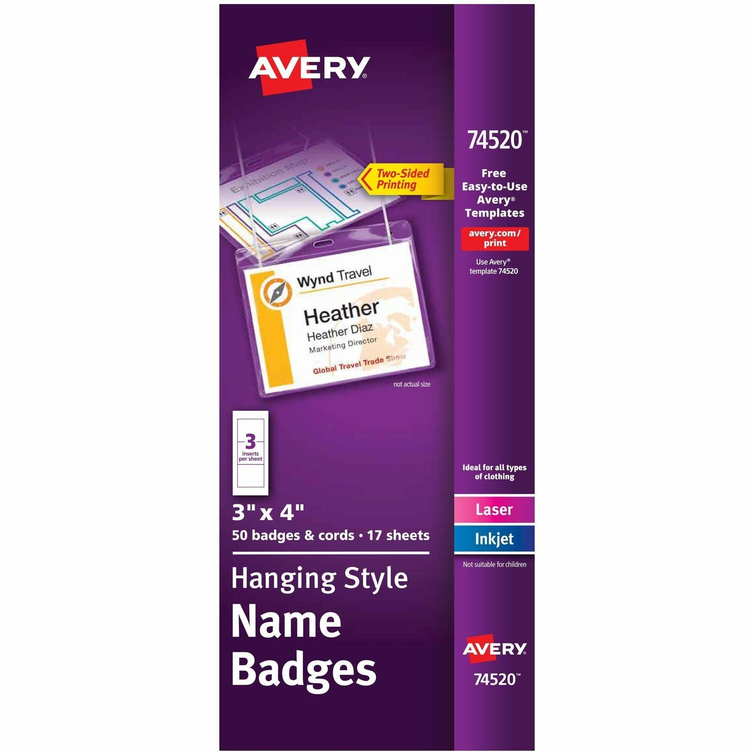 Avery® Name Badges with Cords, 3" x 4" , 50 Total (74520), 1 Box