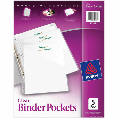 Avery Letter Vinyl File Pocket, Clear, 8 1/2" Width x 11" Length, 5 / Pack, AVE75243