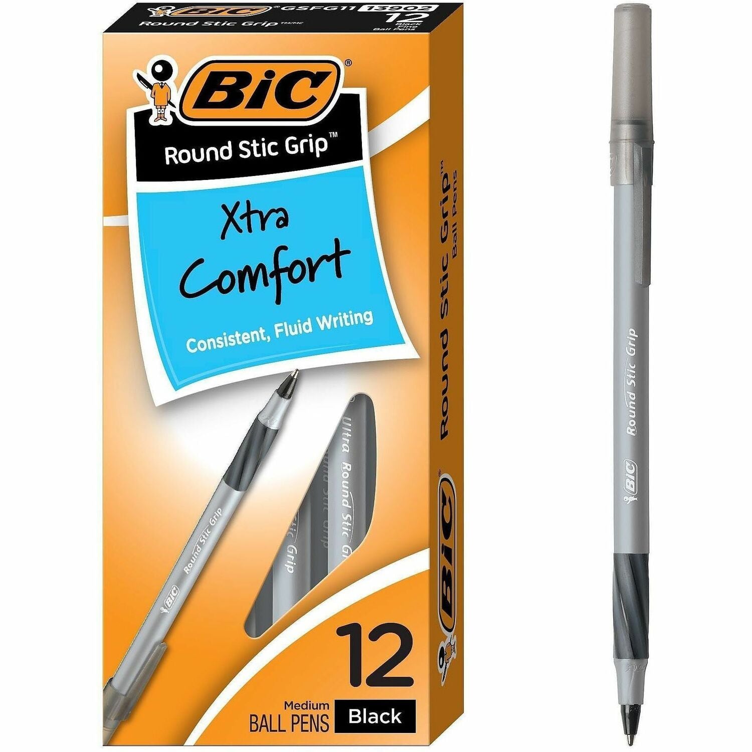 BIC Round Stic Grip Ballpoint Pen, 1 Dozen