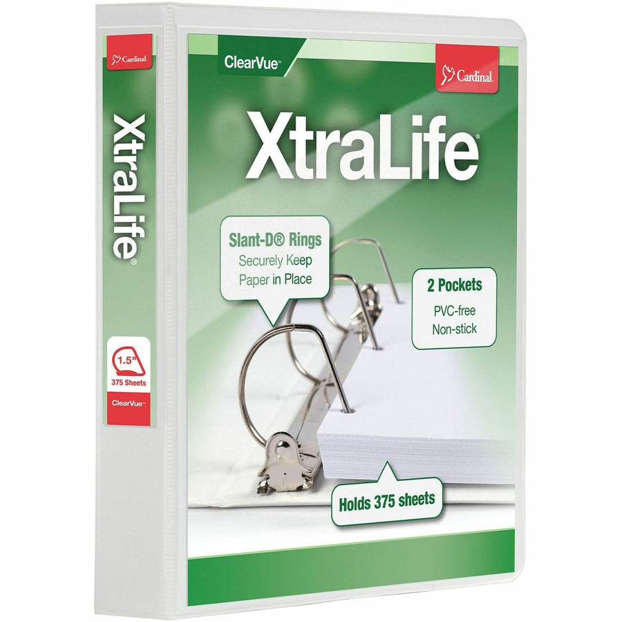 Cardinal® Xtralife ClearVue Locking Slant-D Binder, 2.25" x 11.625", White, Polyolefin, 375, Crack Resistant, CRD26310