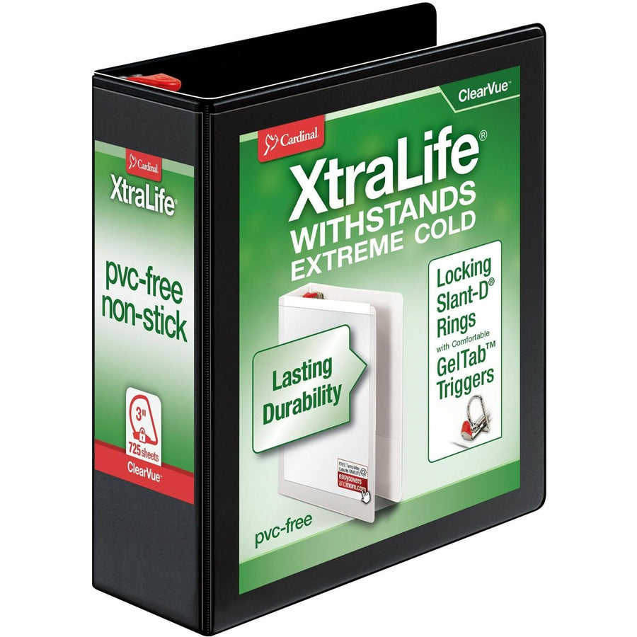 Cardinal® Xtralife ClearVue Locking Slant-D Binder, 3.812" x 11.625", Black, Polyolefin, 725, Crack Resistant, CRD26331