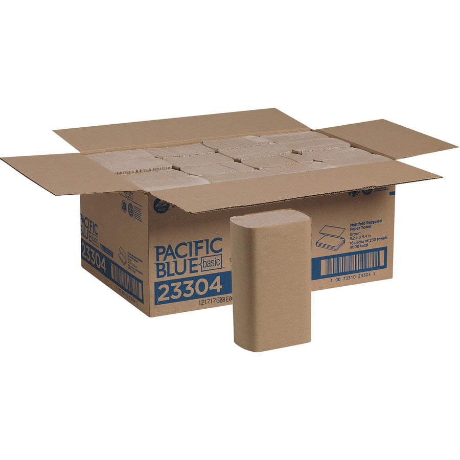 Pacific Blue Basic Recycled Multifold Paper Towel, Brown, 16 / Carton, GPC23304