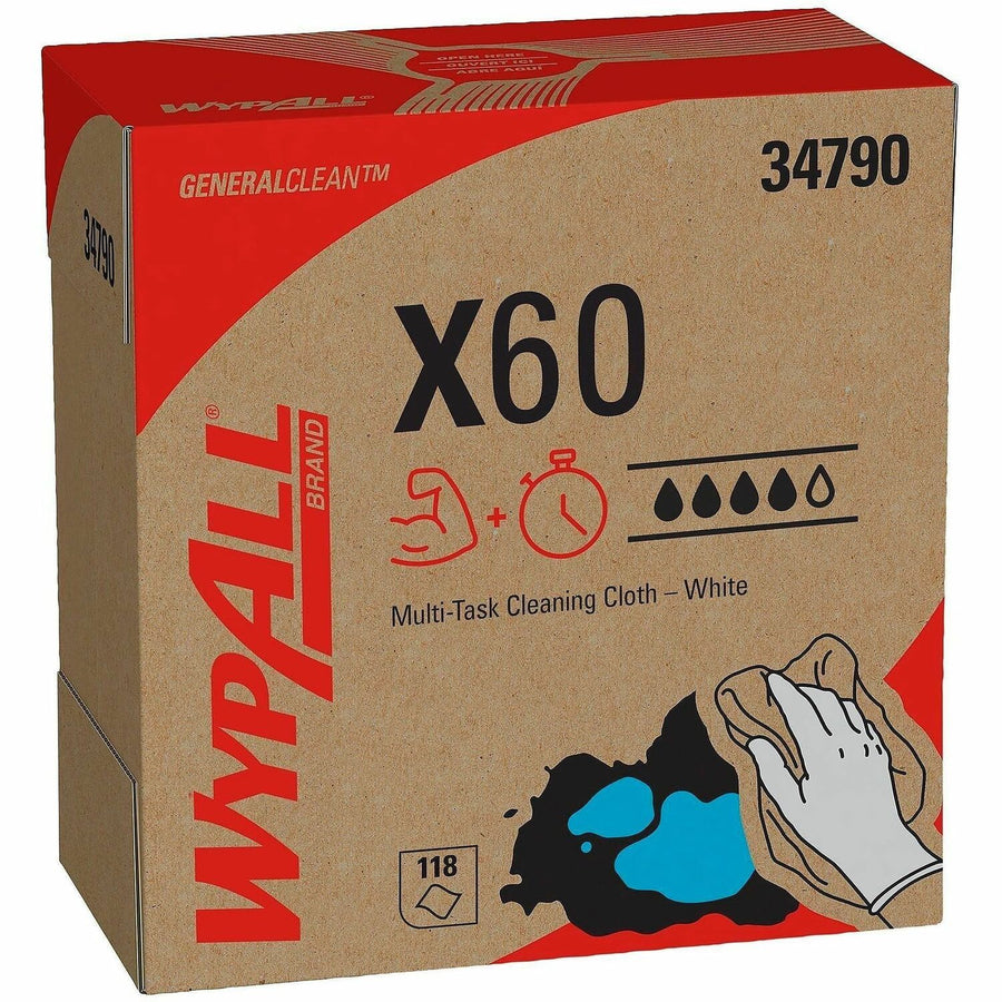 Wypall GeneralClean X60 Multi-Task Cleaning Cloths - Pop-Up Box, White, Hydroknit, Reinforced, 118 / Box, KCC34790