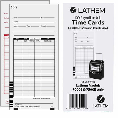 Lathem 7000E Double-Sided Time Cards, 3.5" x 7.2", White, 100, Numbered, 100 / Pack, LTHE7100