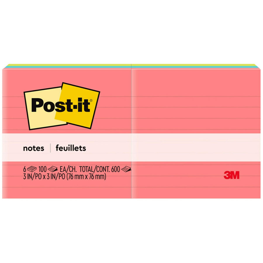 Post-it® Lined Notes - Poptimistic Color Collection, Green, Paper, Repositionable, 6 / Pack, MMM6306AN