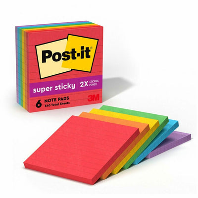 3M Post-it Super Sticky Lined Notes - Playful Primaries Color Collection, Iris Infusion, 6 / Pack, MMM6756SSAN