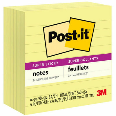 3M Post-it Super Sticky Lined Notes, Canary Yellow, 6 / Pack, MMM6756SSCY
