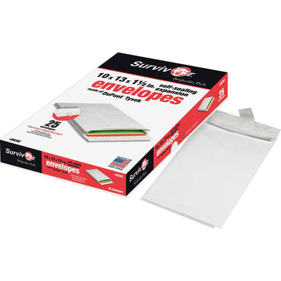 Quality Park Survivor 10 x 13 x 1-1/2 DuPont Tyvek Expansion Mailers with Self-Seal Closure, White, 25 / Box, QUAR4202
