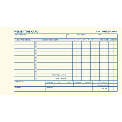 Dominion Blueline Rediform Weekly Time Cards, White, 7" Width x 4.25" Length, 1 Pad — view 1