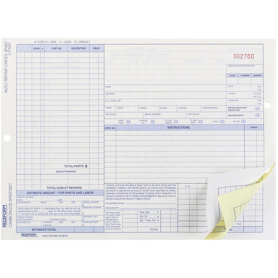 Dominion Blueline Rediform 3-part Auto Repair Order Forms, 11" Width x 8.50" Length, 1 Pack — view 1